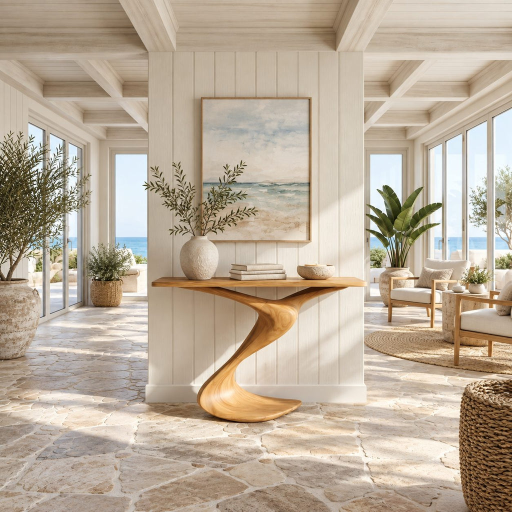 Modern Curved Wood Console Table With Wave Pedestal Base For Hallway