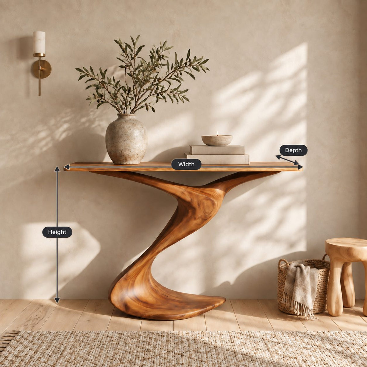 Modern Curved Wood Console Table With Wave Pedestal Base For Hallway
