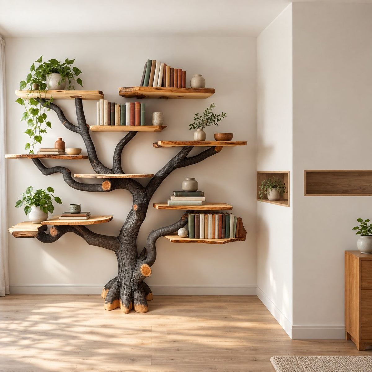 Rustic Tree Trunk Bookshelf With Live Edge Branch Shelves For Living Room