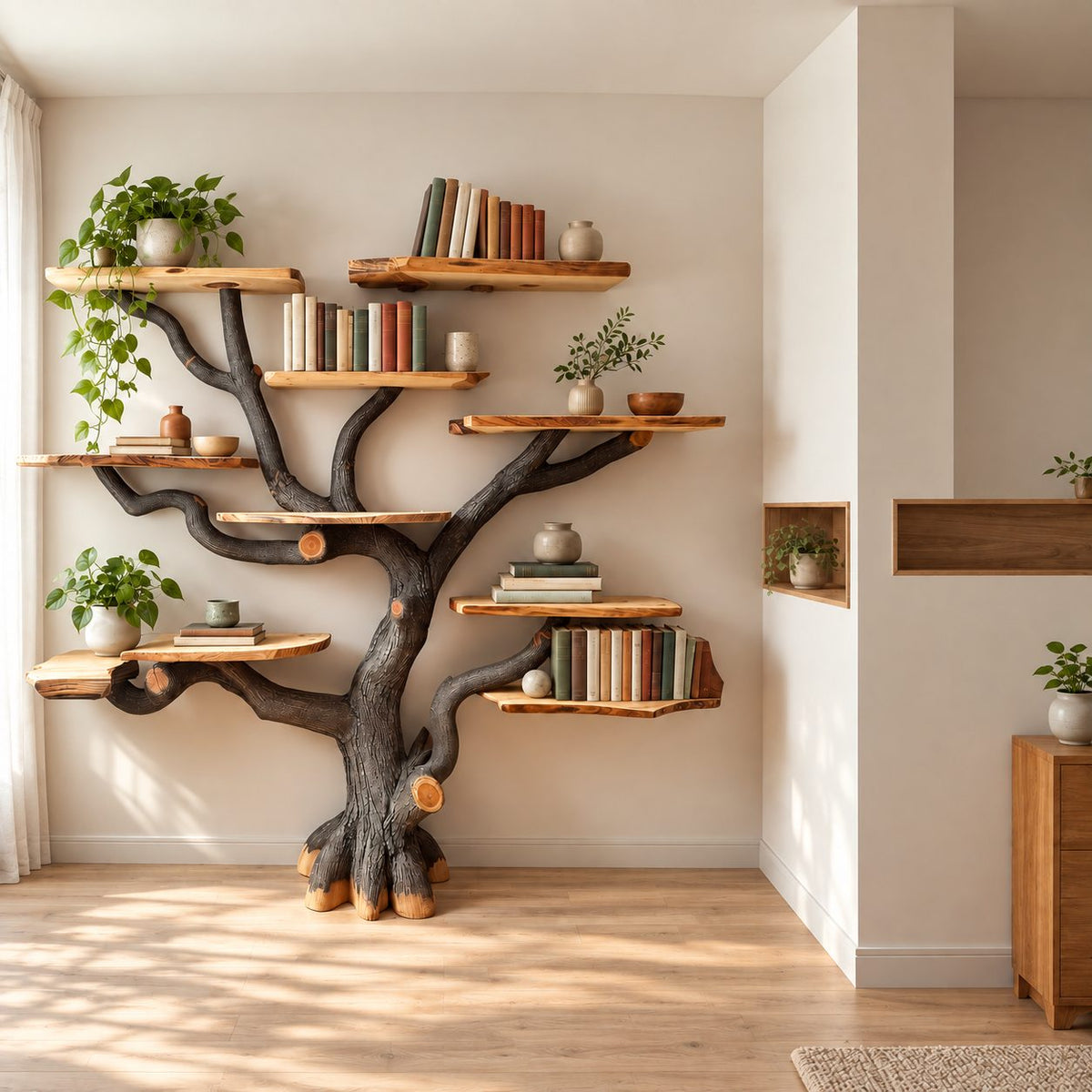 Rustic Tree Trunk Bookshelf With Live Edge Branch Shelves For Living Room