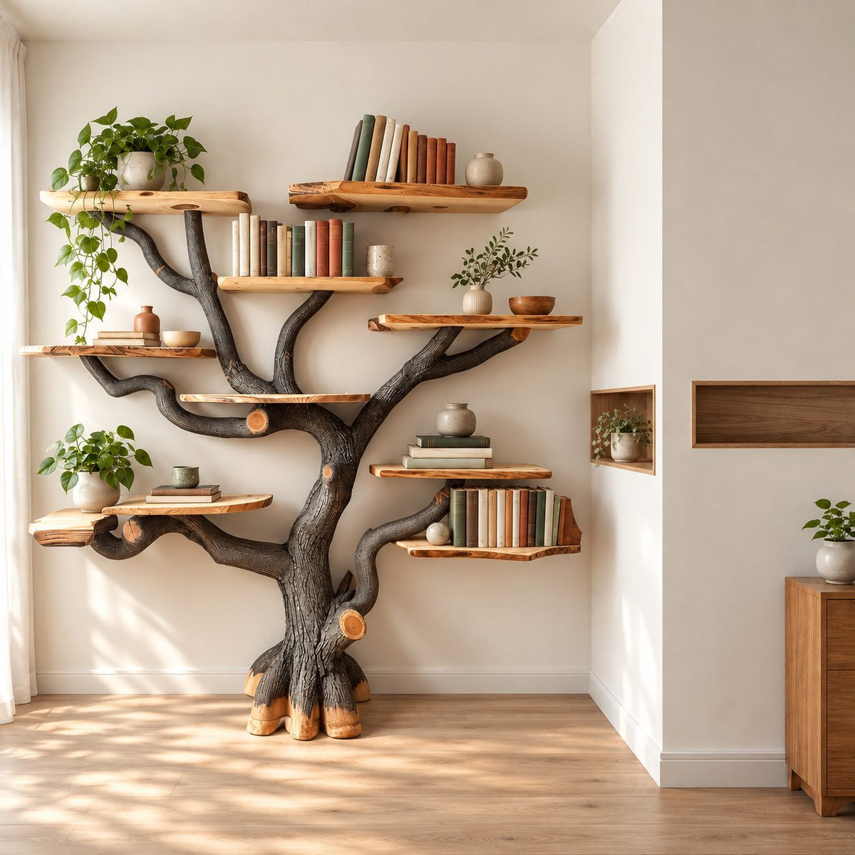 Rustic Tree Trunk Bookshelf With Live Edge Branch Shelves For Living Room