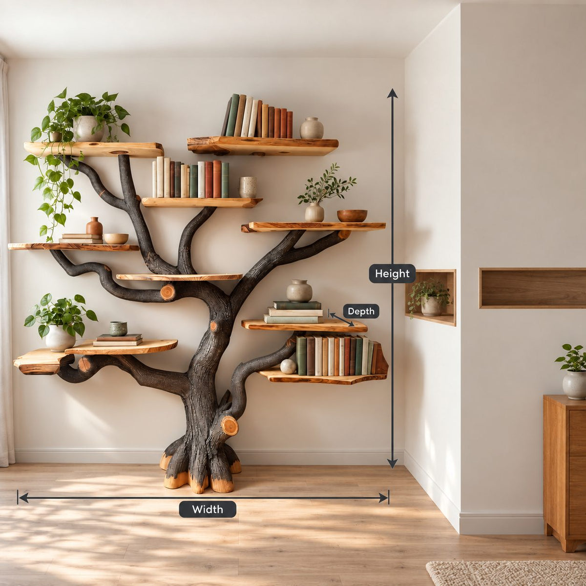 Rustic Tree Trunk Bookshelf With Live Edge Branch Shelves For Living Room