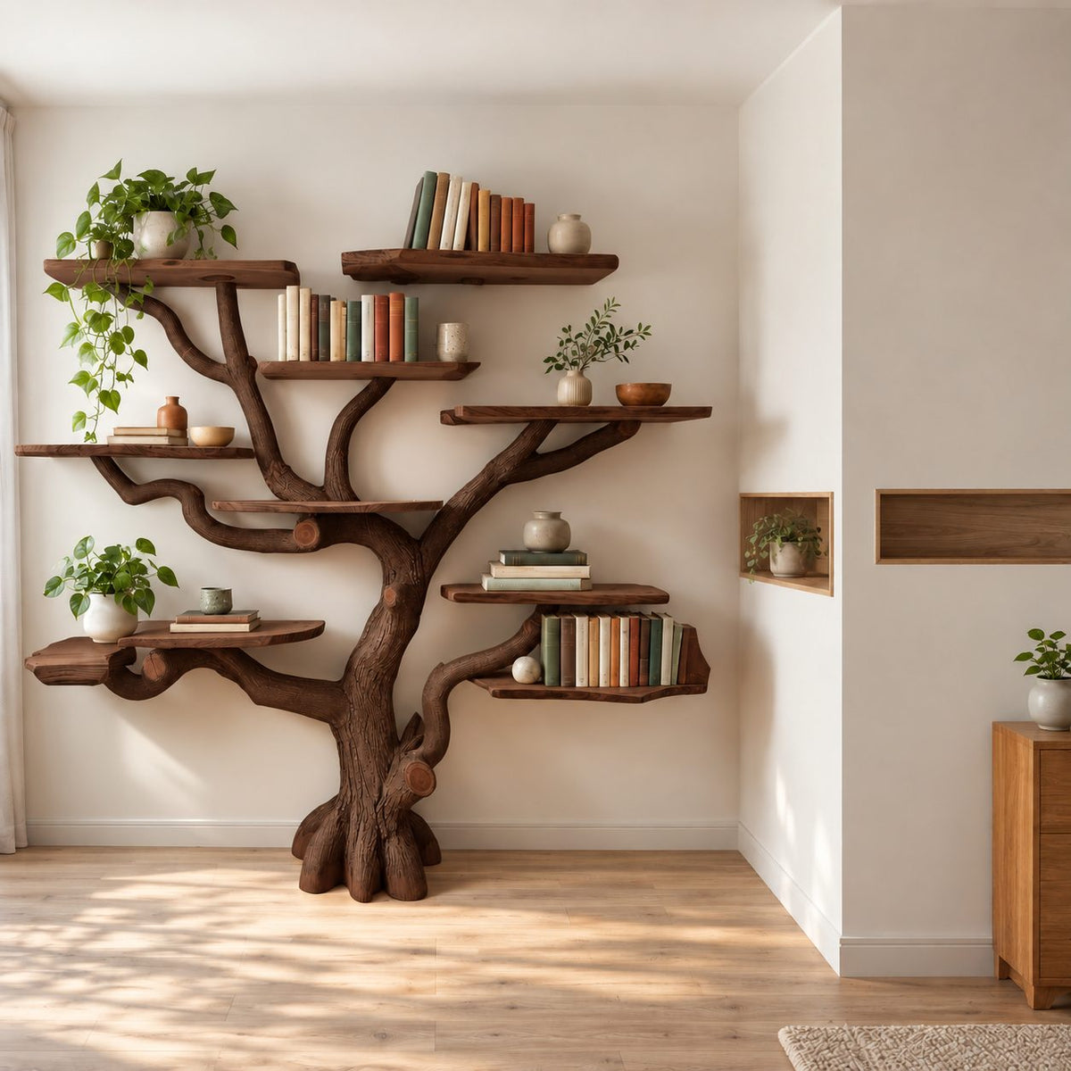 Rustic Tree Trunk Bookshelf With Live Edge Branch Shelves For Living Room