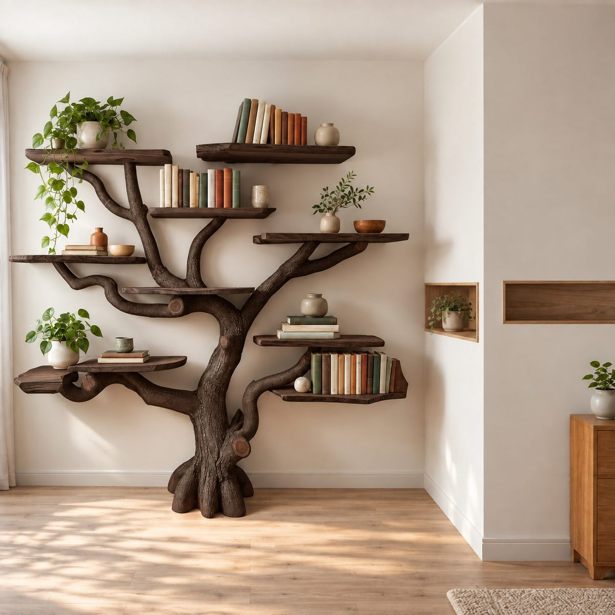 Rustic Tree Trunk Bookshelf With Live Edge Branch Shelves For Living Room