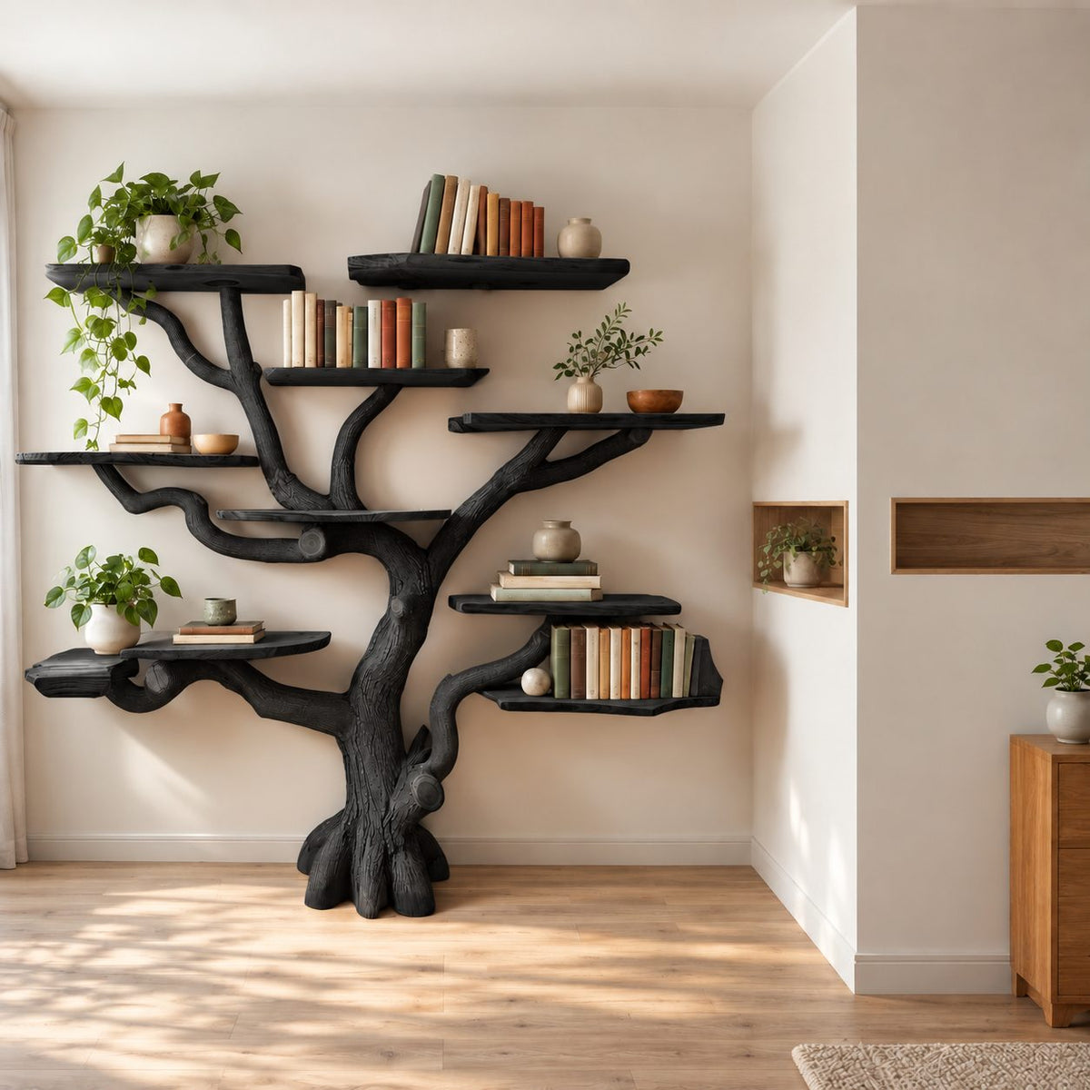 Rustic Tree Trunk Bookshelf With Live Edge Branch Shelves For Living Room