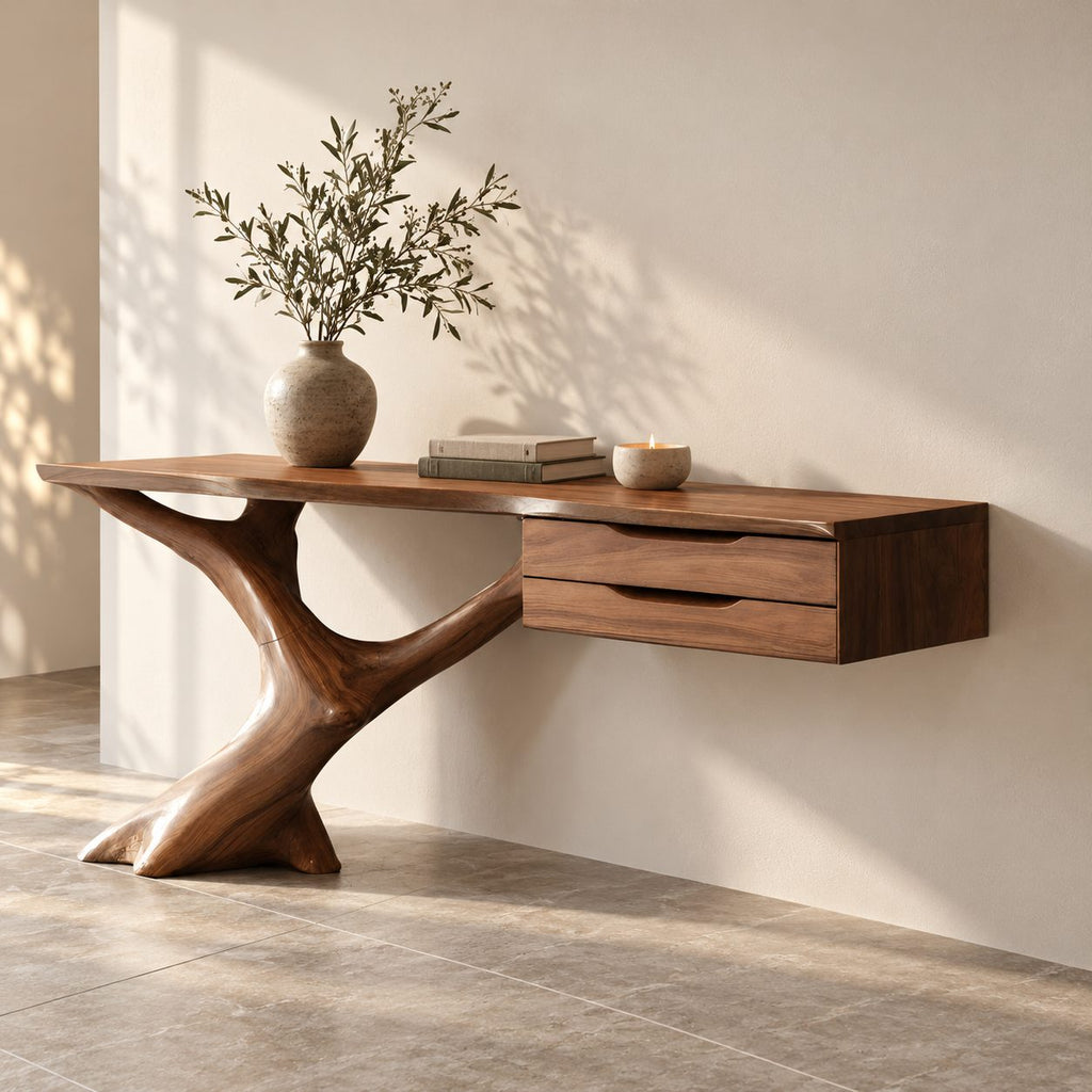 Handcrafted Wooden Console Table With Floating Drawers For Entryway