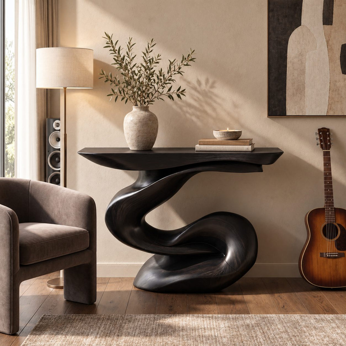 Contemporary Sculptural Console Table With Looped Knot Base For Living Room