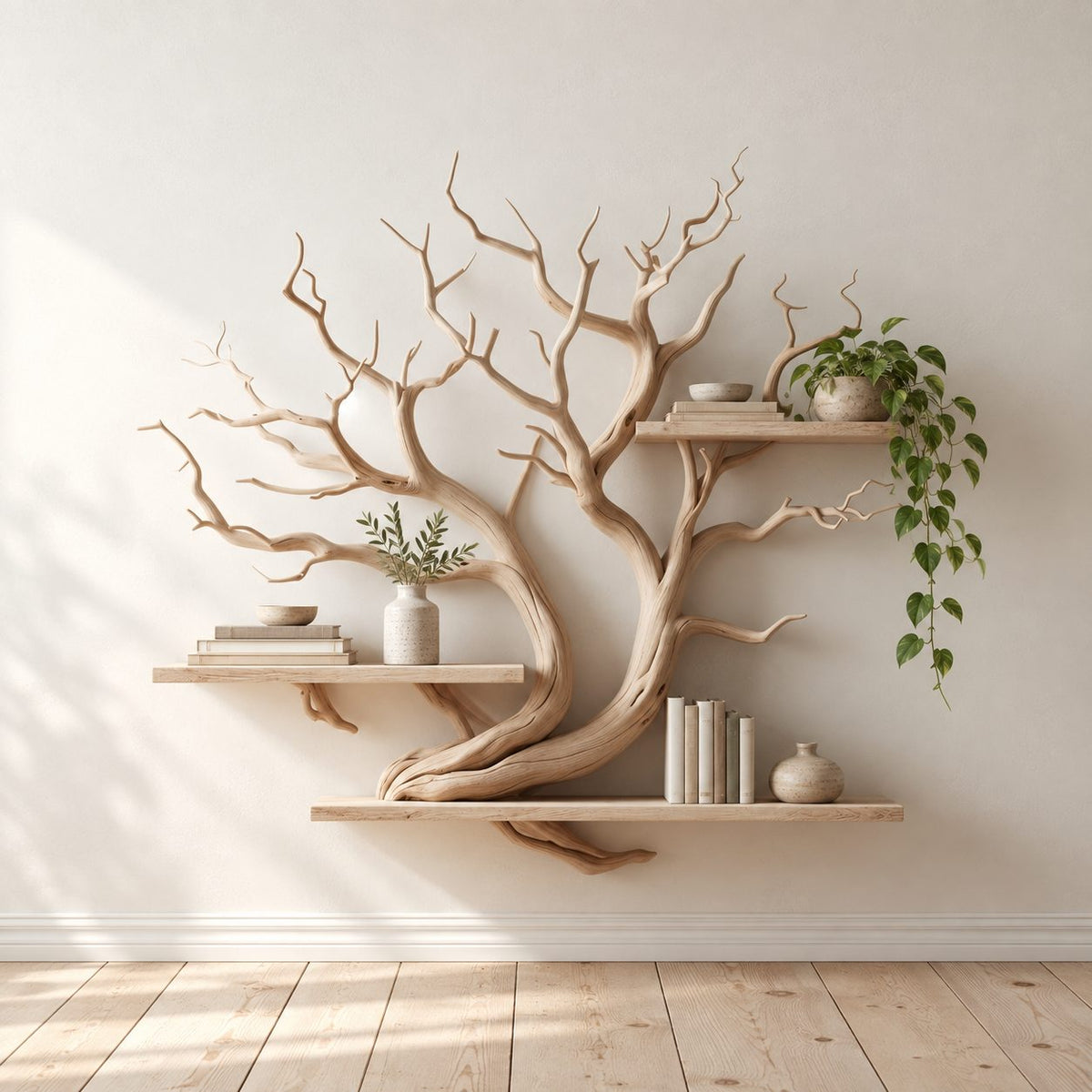 Sculptural Driftwood Art Wall Bookshelf With Long Slab Shelves For Study