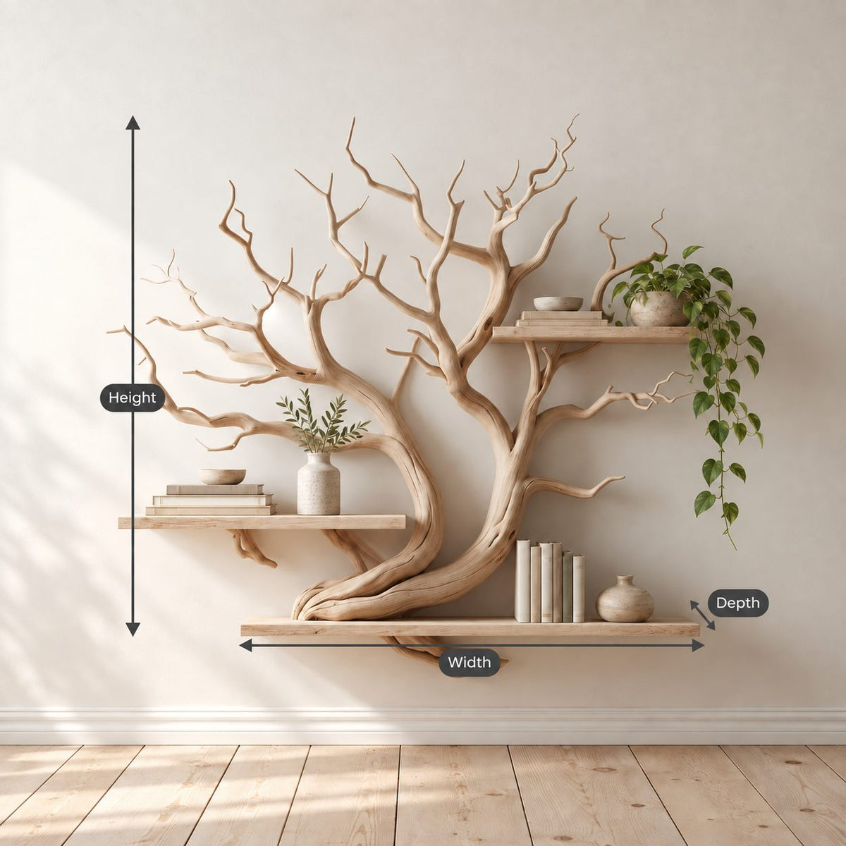 Sculptural Driftwood Art Wall Bookshelf With Long Slab Shelves For Study