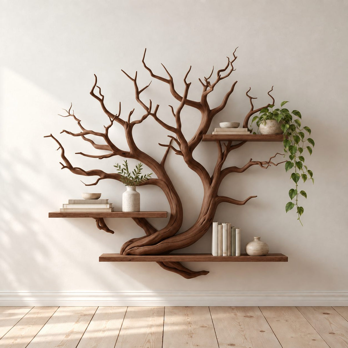 Sculptural Driftwood Art Wall Bookshelf With Long Slab Shelves For Study