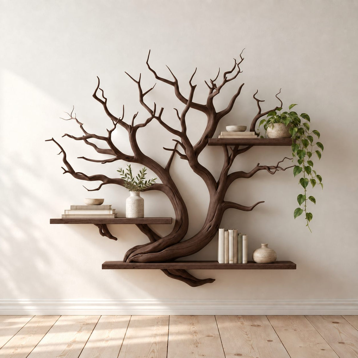 Sculptural Driftwood Art Wall Bookshelf With Long Slab Shelves For Study