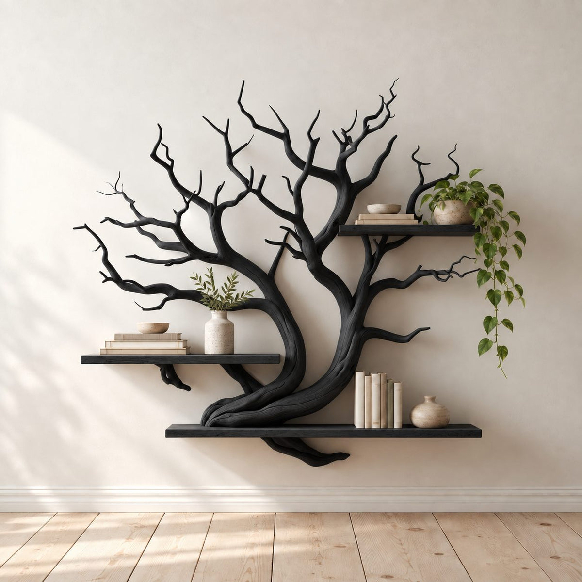 Sculptural Driftwood Art Wall Bookshelf With Long Slab Shelves For Study