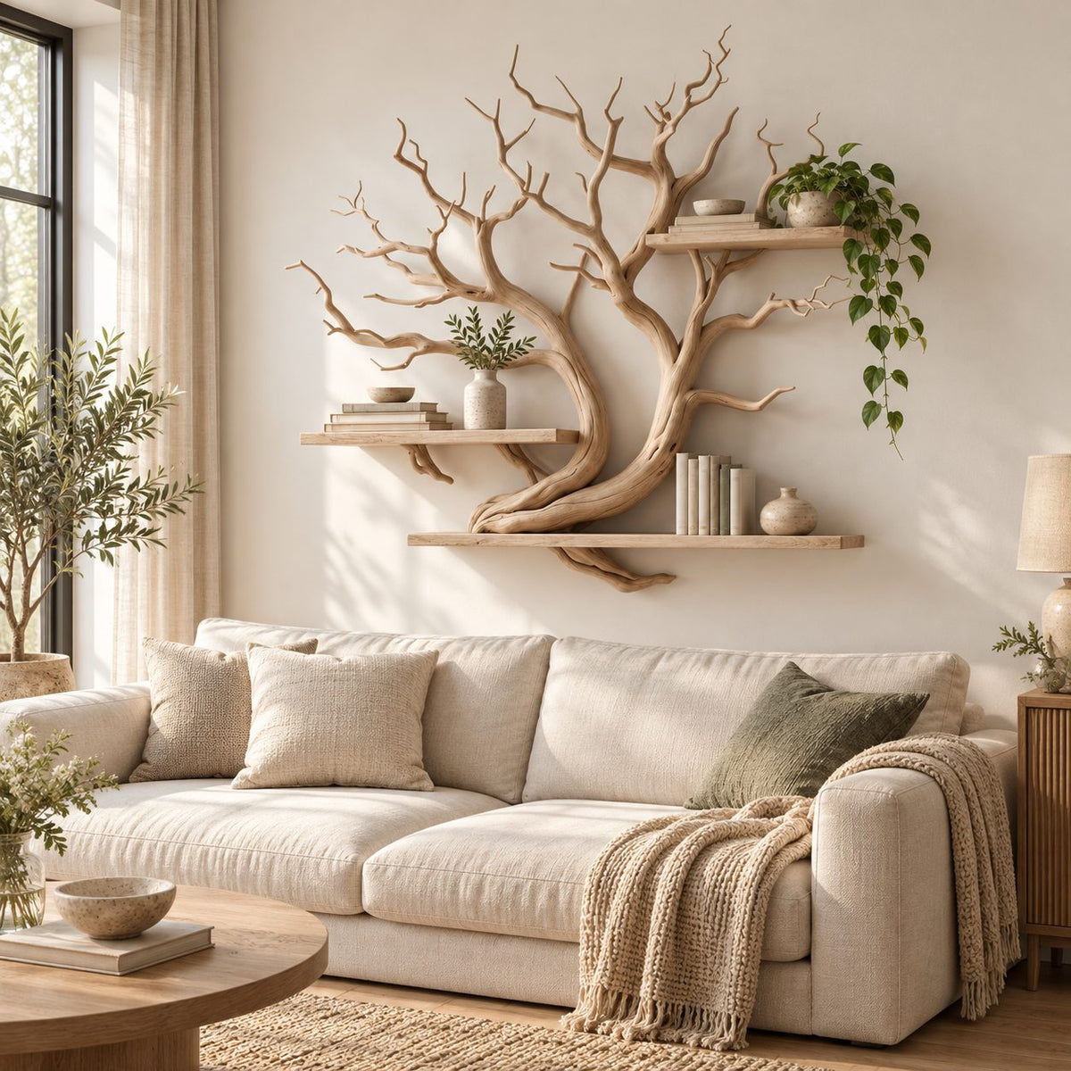 Sculptural Driftwood Art Wall Bookshelf With Long Slab Shelves For Study