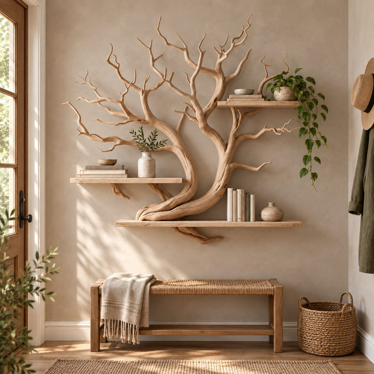 Sculptural Driftwood Art Wall Bookshelf With Long Slab Shelves For Study