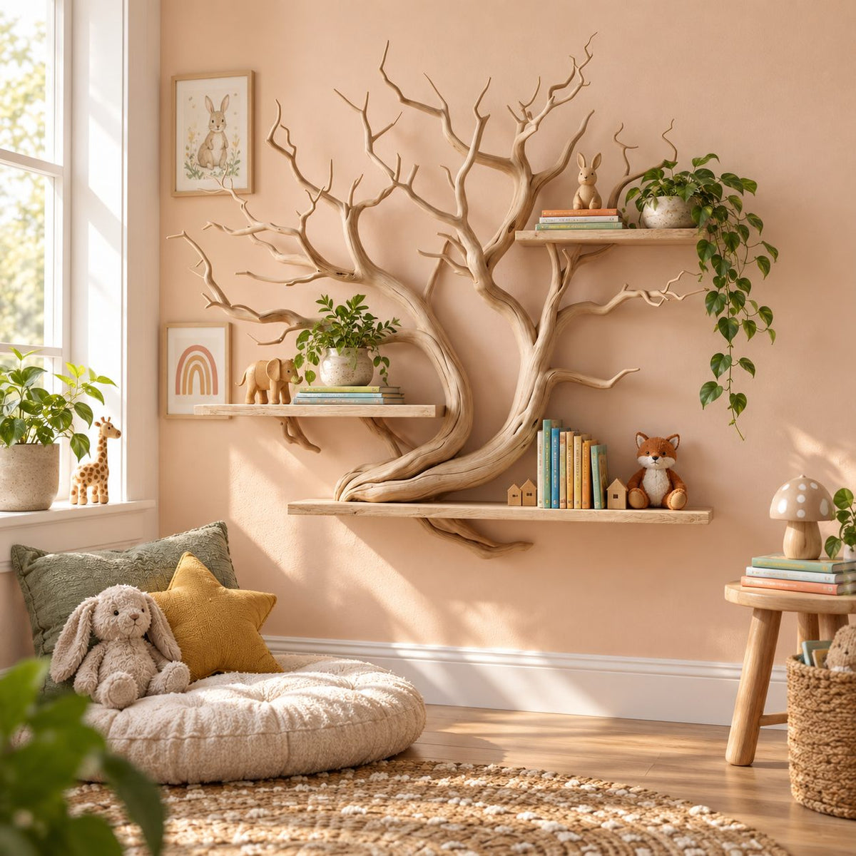 Sculptural Driftwood Art Wall Bookshelf With Long Slab Shelves For Study