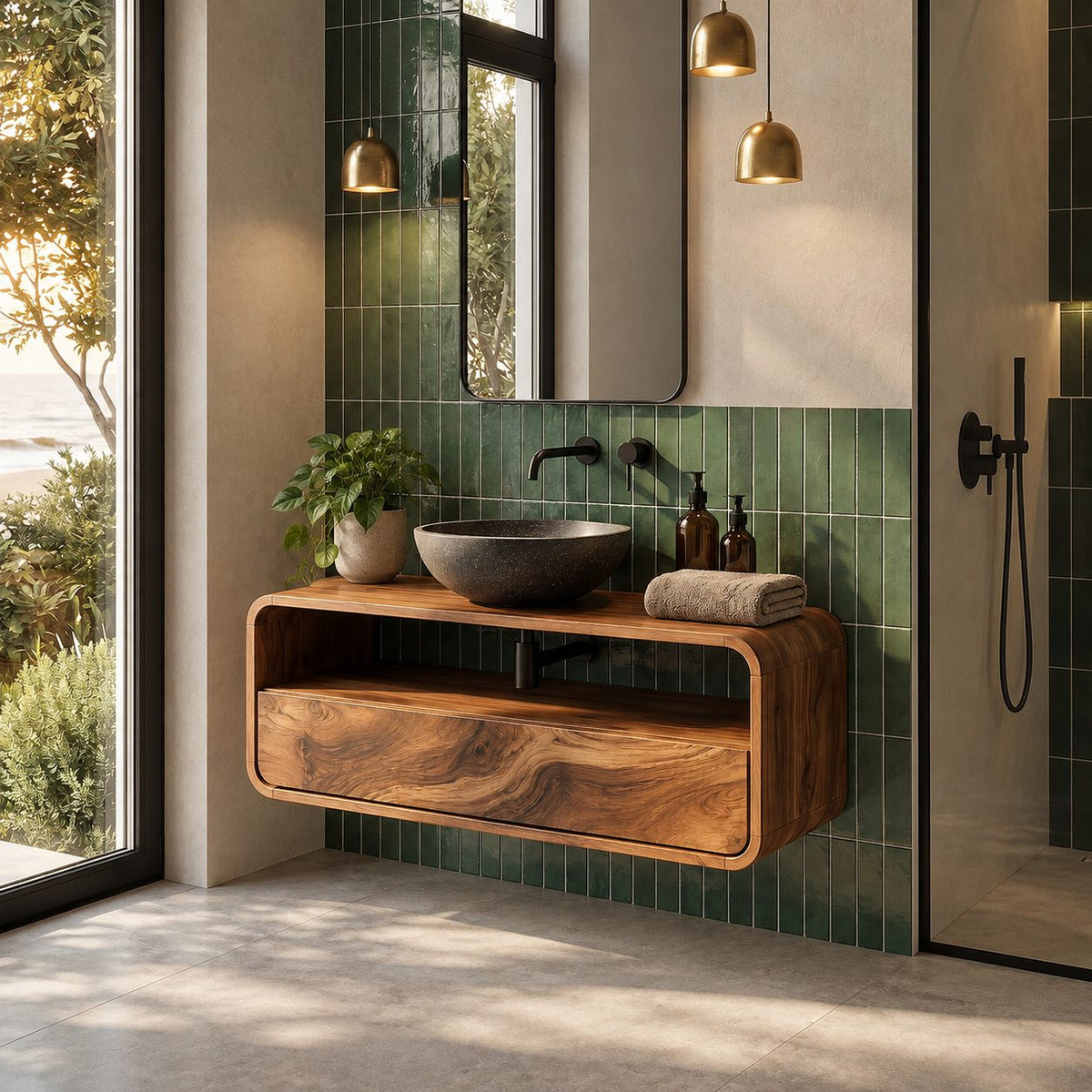 Mid Century Rounded Floating Bathroom Vanity With Open Shelf And Drawer