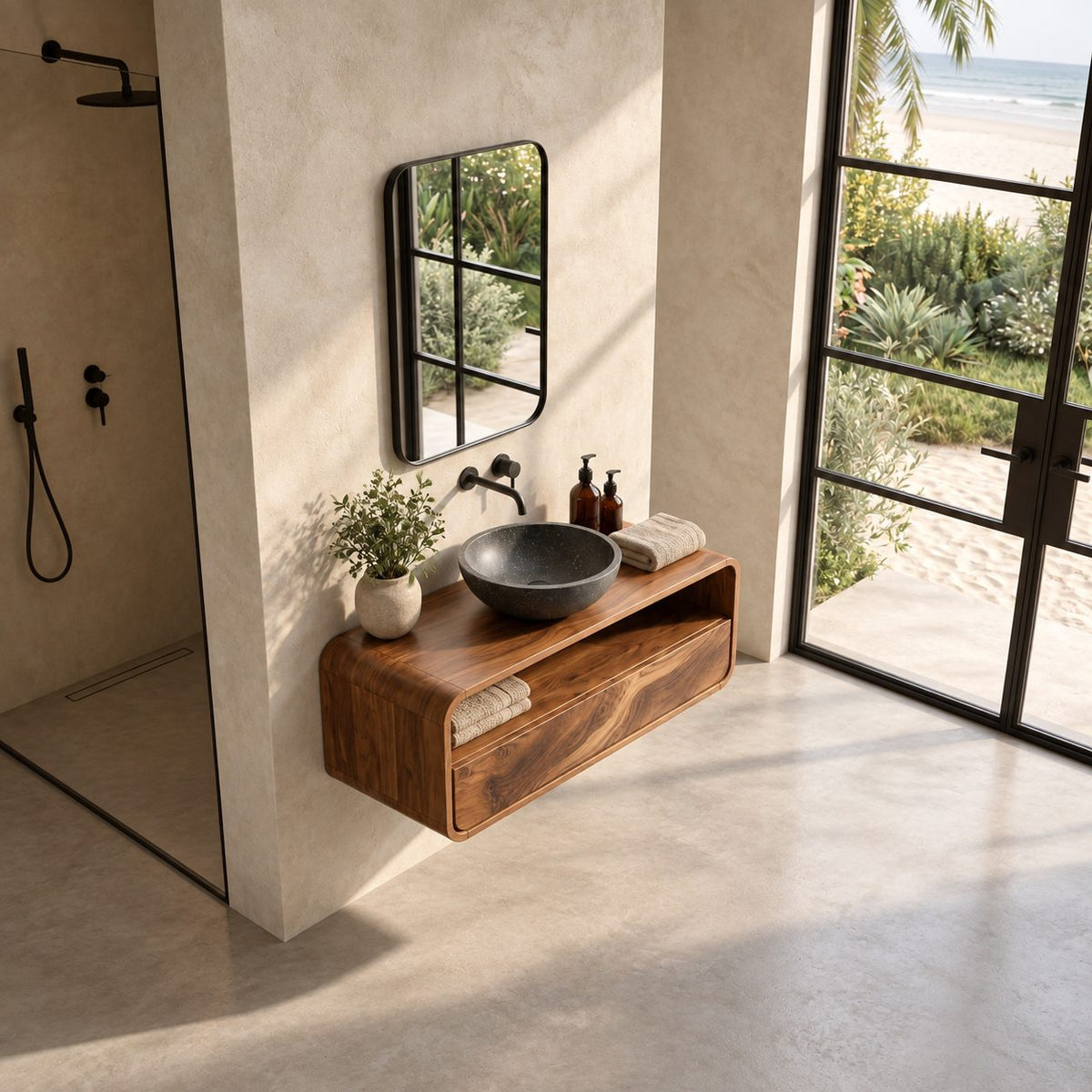 Mid Century Rounded Floating Bathroom Vanity With Open Shelf And Drawer