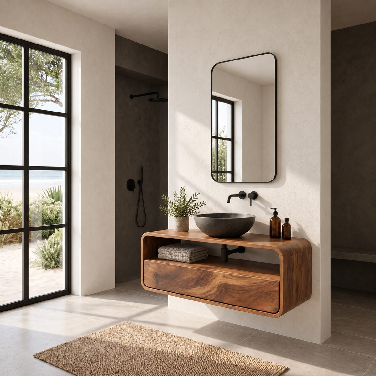 Mid Century Rounded Floating Bathroom Vanity With Open Shelf And Drawer