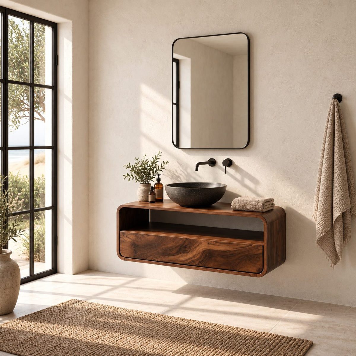 Mid Century Rounded Floating Bathroom Vanity With Open Shelf And Drawer