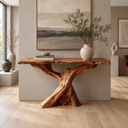 Live Edge Slab Console Table With Forked Tree Trunk Base For Living Room