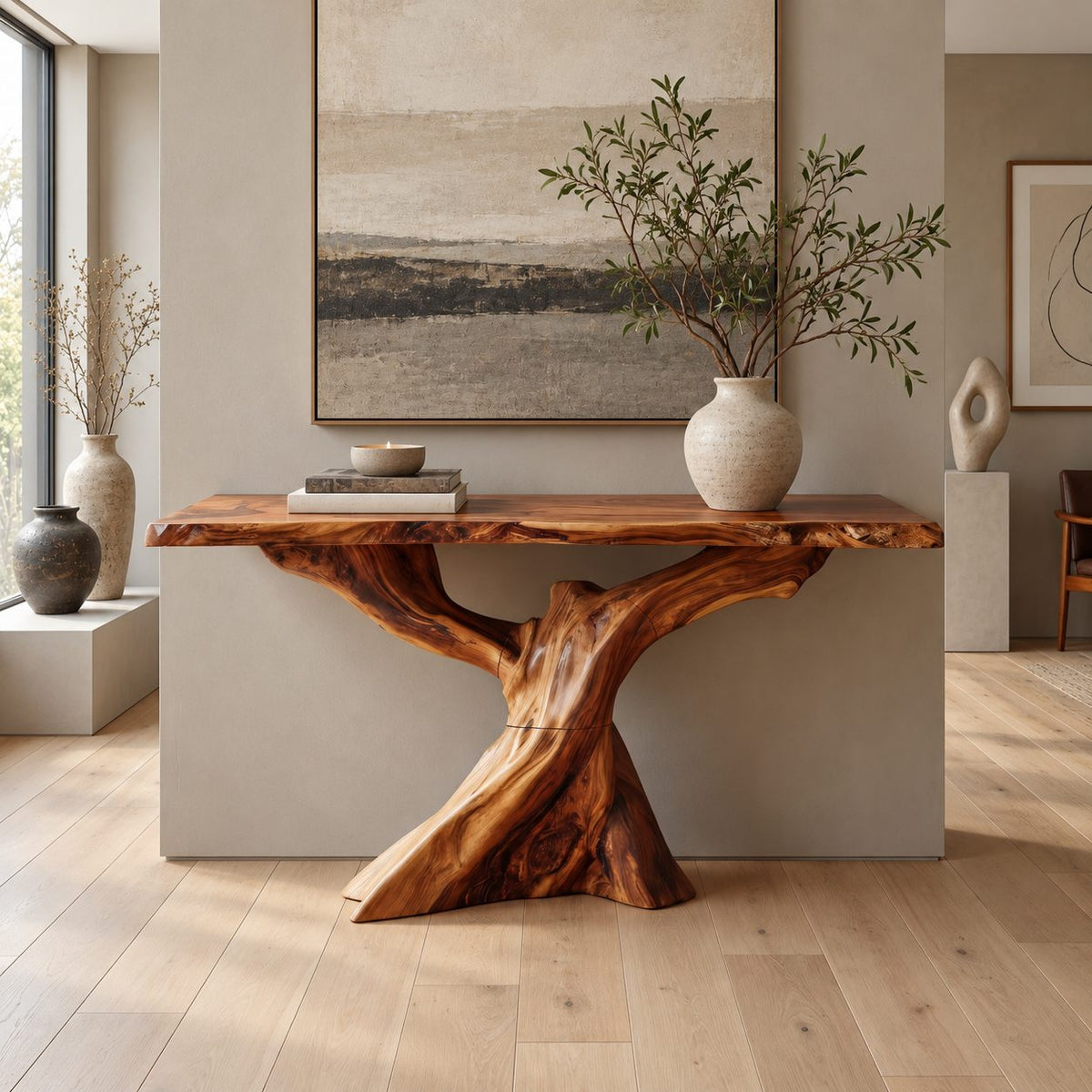 Live Edge Slab Console Table With Forked Tree Trunk Base For Living Room