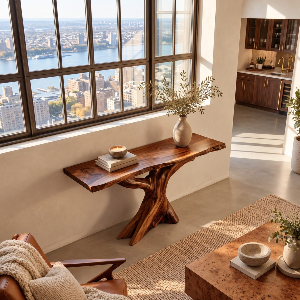Live Edge Slab Console Table With Forked Tree Trunk Base For Living Room
