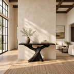 Live Edge Slab Console Table With Forked Tree Trunk Base For Living Room