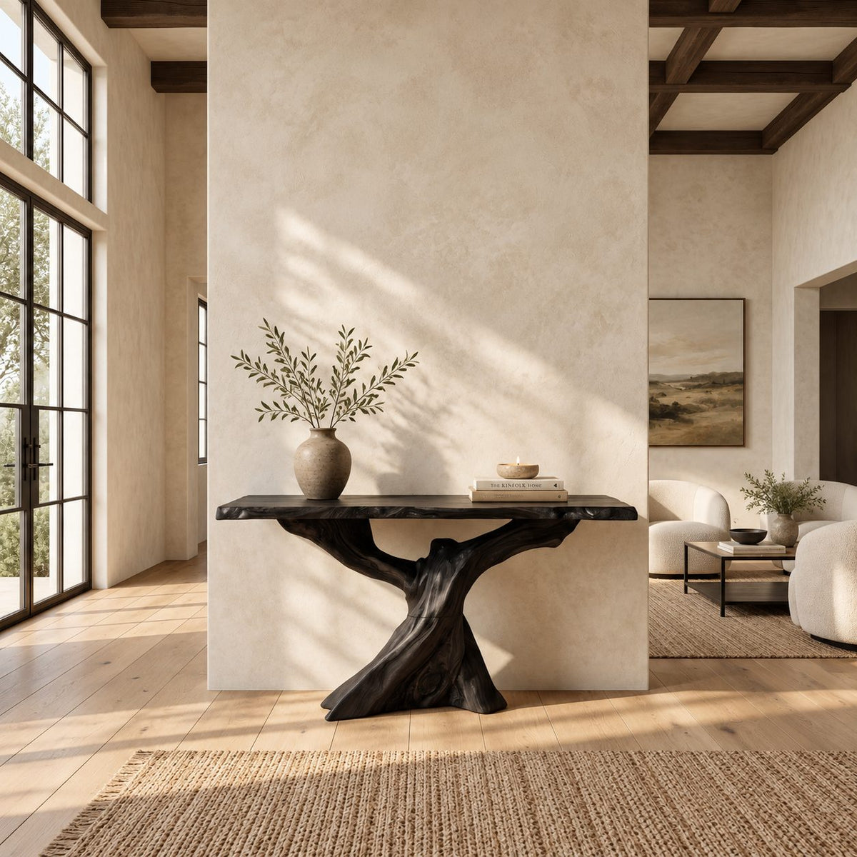 Live Edge Slab Console Table With Forked Tree Trunk Base For Living Room