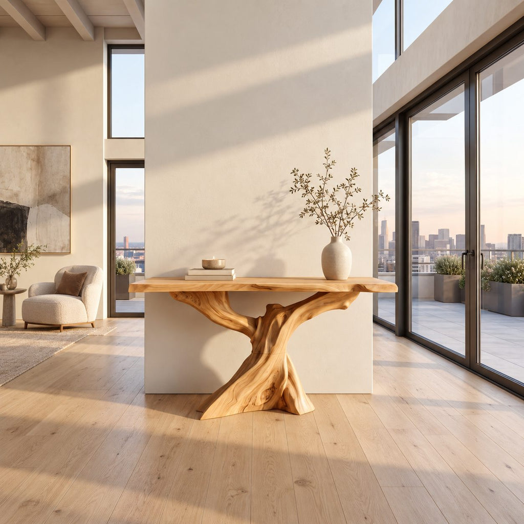 Live Edge Slab Console Table With Forked Tree Trunk Base For Living Room