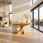 Live Edge Slab Console Table With Forked Tree Trunk Base For Living Room