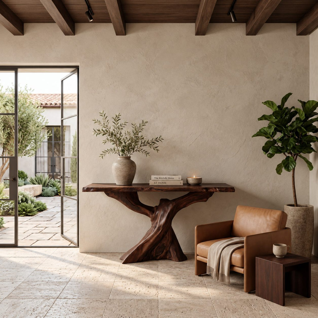 Live Edge Slab Console Table With Forked Tree Trunk Base For Living Room