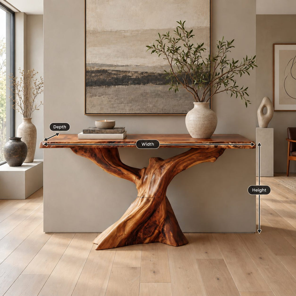 Live Edge Slab Console Table With Forked Tree Trunk Base For Living Room