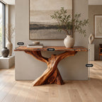 Live Edge Slab Console Table With Forked Tree Trunk Base For Living Room