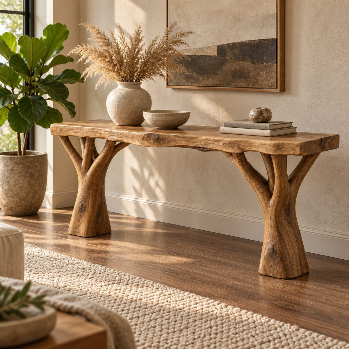 Live Edge Console Table with Twisted Tree-Branch Legs - Organic Solid Wood Slab Entryway