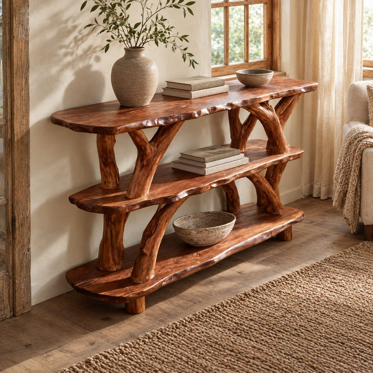 Woodland 3 Tier Live Edge Console Table With Branch Legs For Entryway