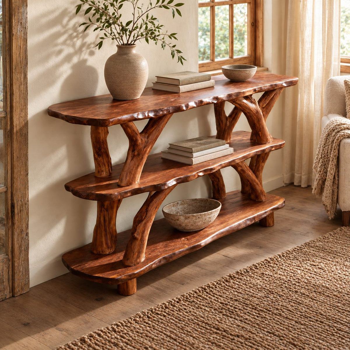 Woodland 3 Tier Live Edge Console Table With Branch Legs For Entryway