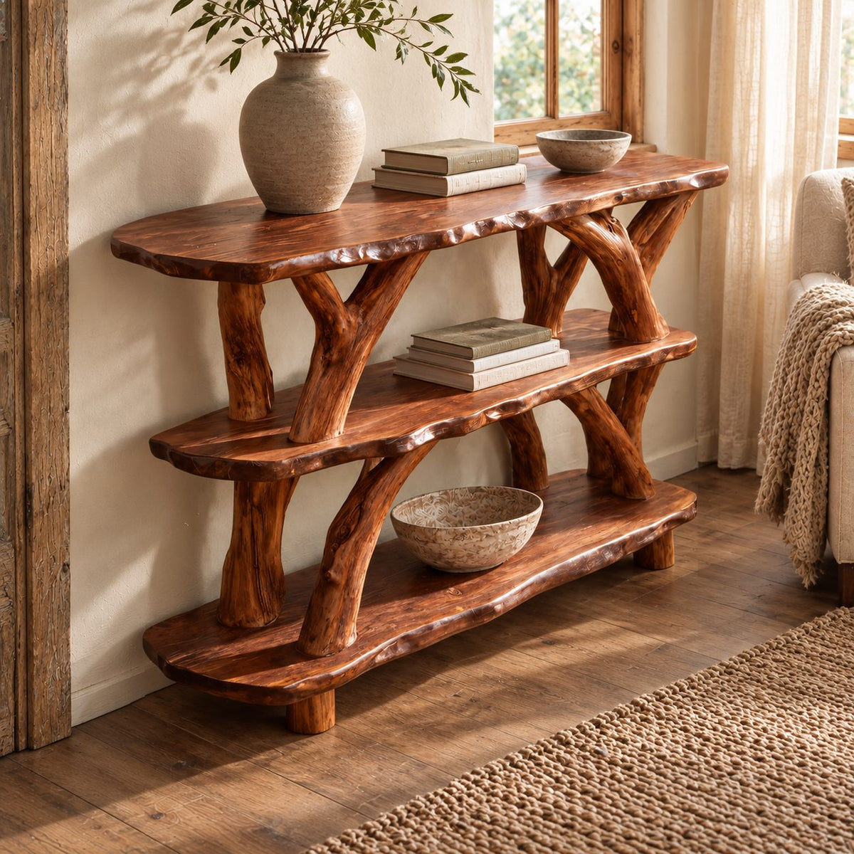 Woodland 3 Tier Live Edge Console Table With Branch Legs For Entryway