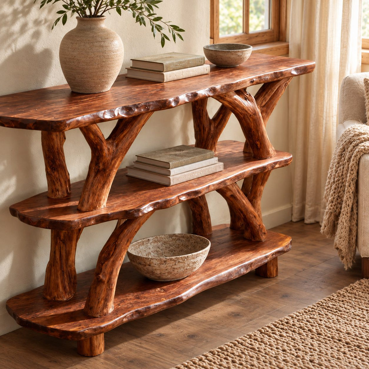 Woodland 3 Tier Live Edge Console Table With Branch Legs For Entryway