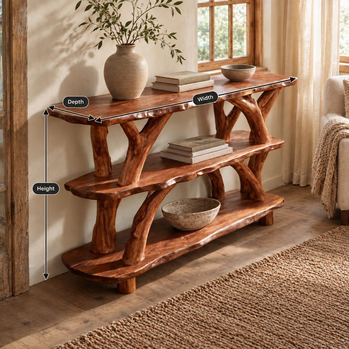 Woodland 3 Tier Live Edge Console Table With Branch Legs For Entryway
