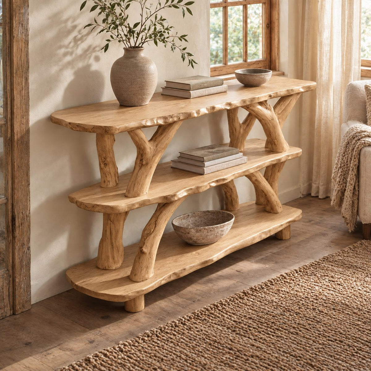 Woodland 3 Tier Live Edge Console Table With Branch Legs For Entryway