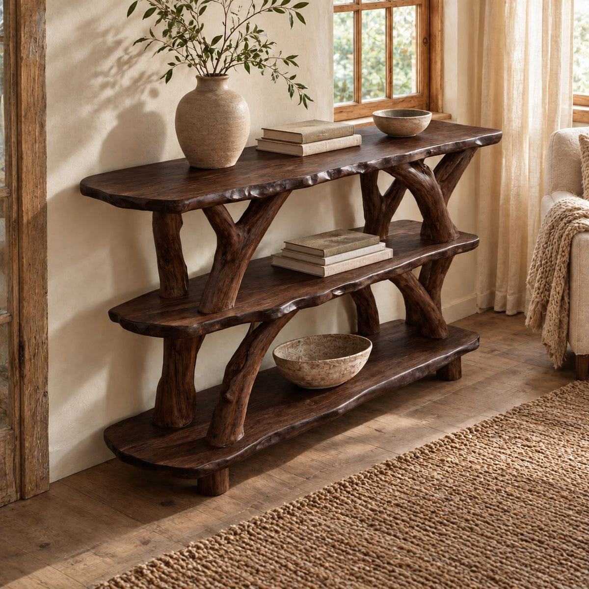 Woodland 3 Tier Live Edge Console Table With Branch Legs For Entryway