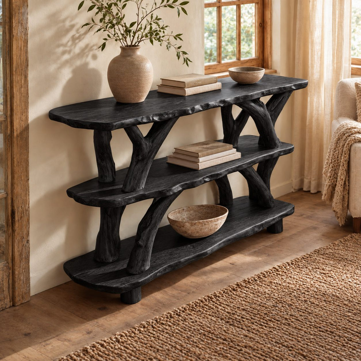 Woodland 3 Tier Live Edge Console Table With Branch Legs For Entryway