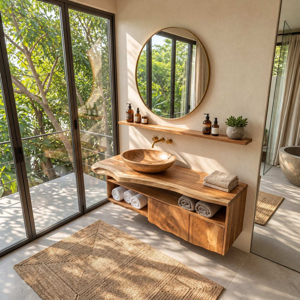 Mid Century Live Edge Floating Bathroom Vanity With Open Shelf Cabinet