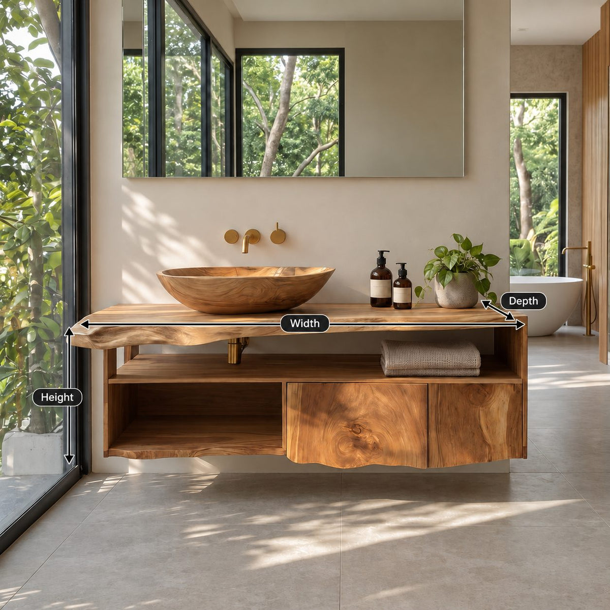 Mid Century Live Edge Floating Bathroom Vanity With Open Shelf Cabinet