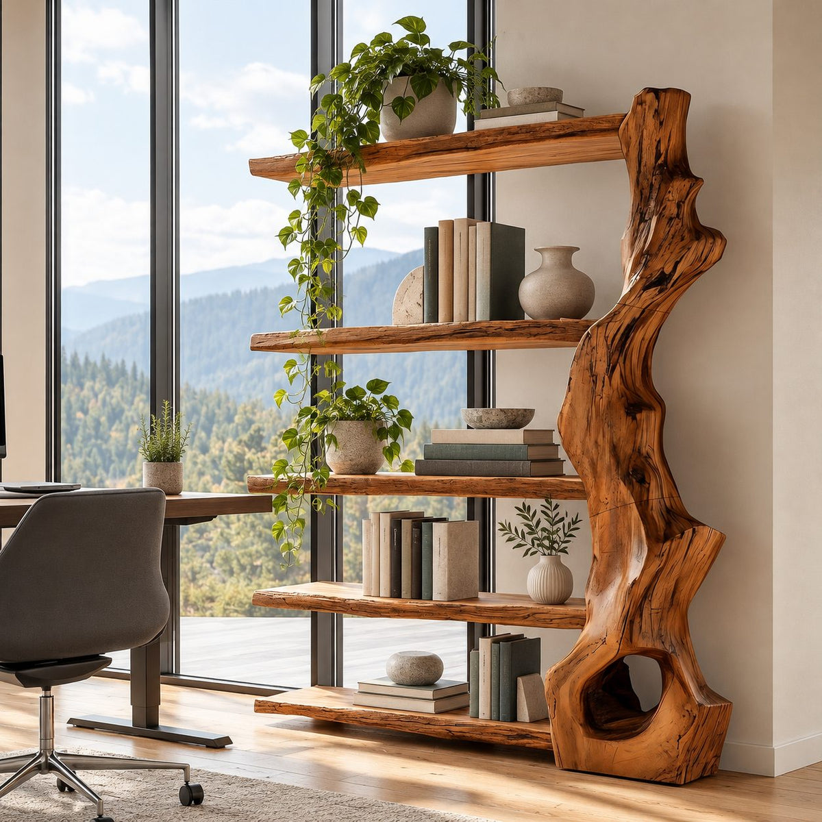 Organic Sculpted Trunk Tree Bookshelf With Open Shelves For Home Office