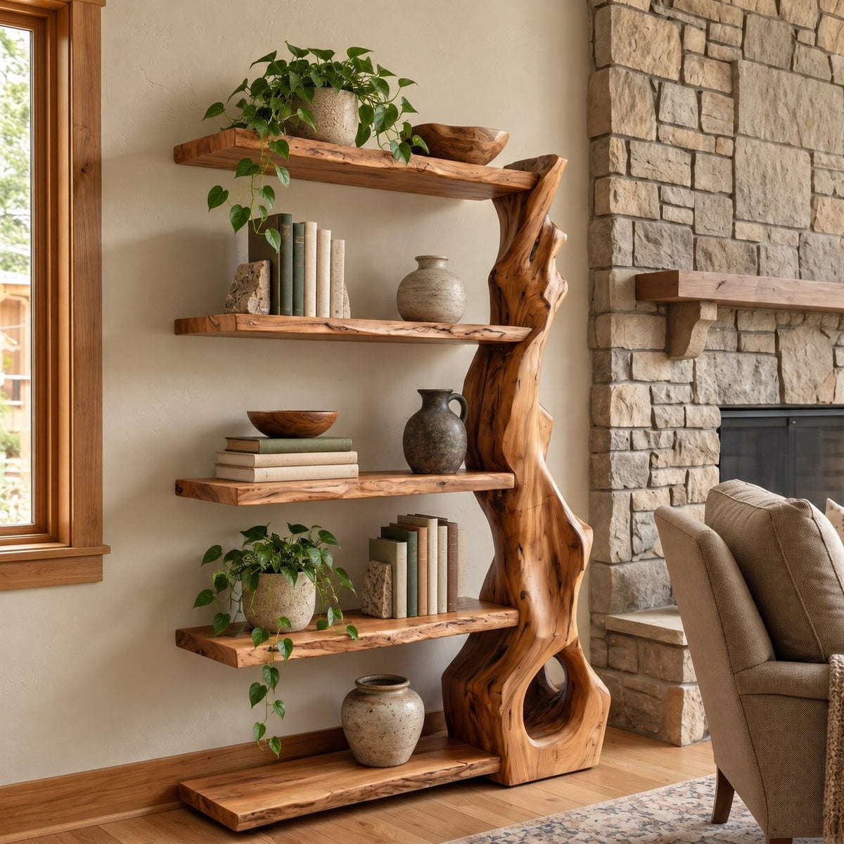 Organic Sculpted Trunk Tree Bookshelf With Open Shelves For Home Office