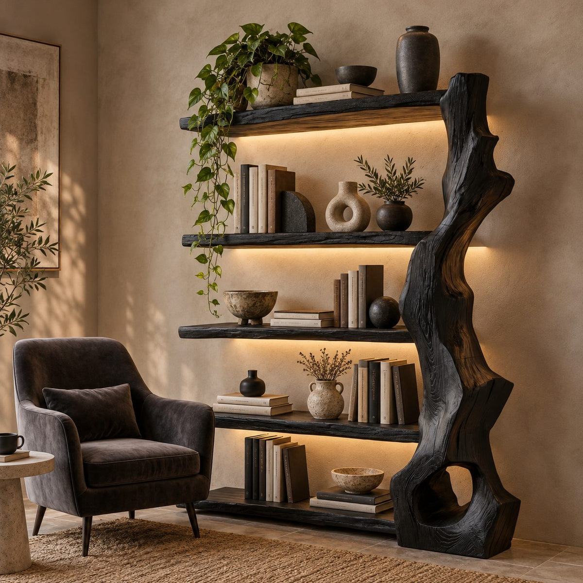 Organic Sculpted Trunk Tree Bookshelf With Open Shelves For Home Office