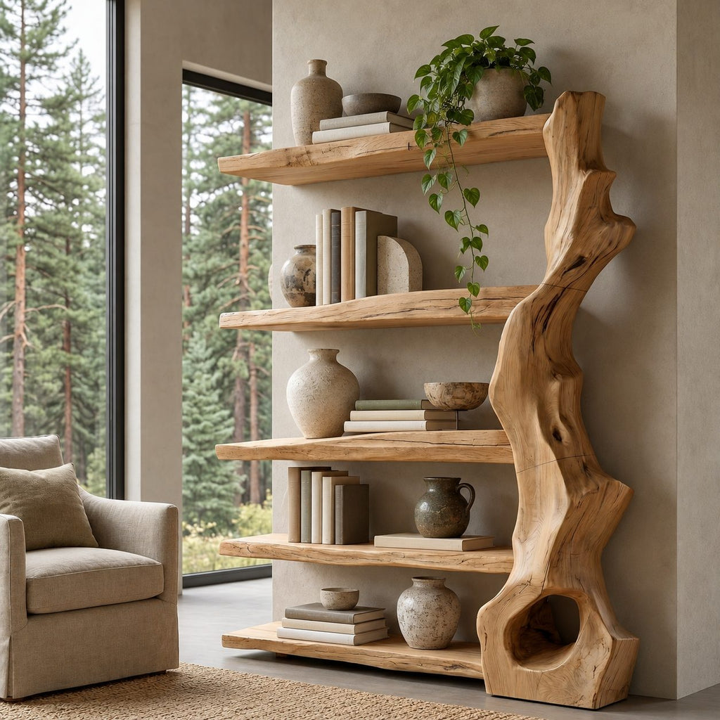 Organic Sculpted Trunk Tree Bookshelf With Open Shelves For Home Office