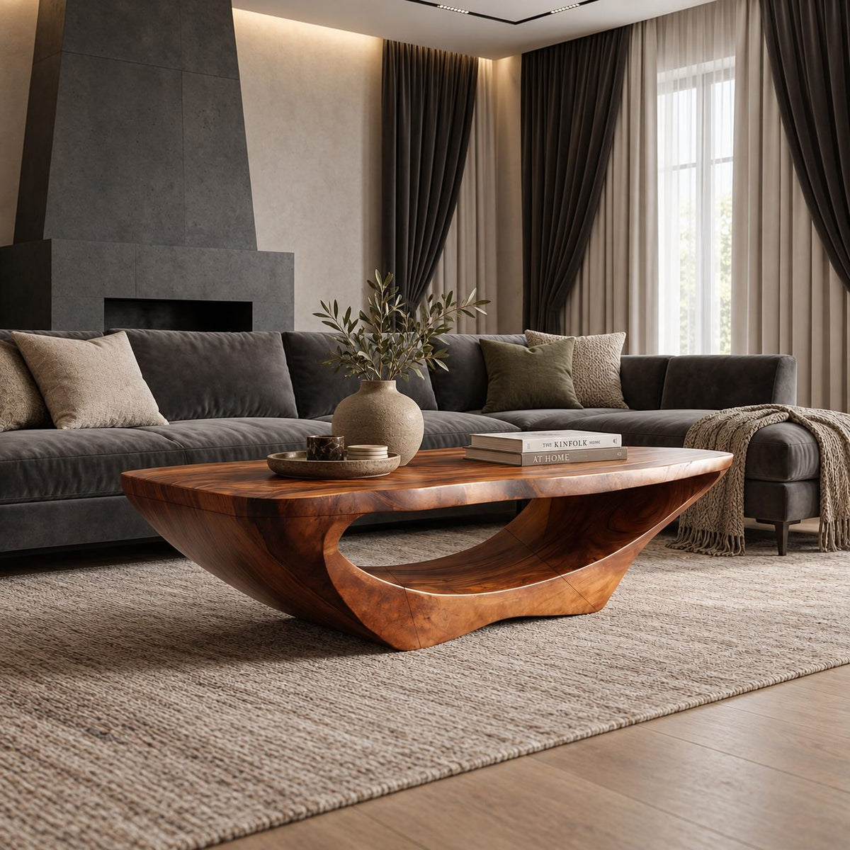Contemporary Live Edge Coffee Table With Open Arch Base For Living Room