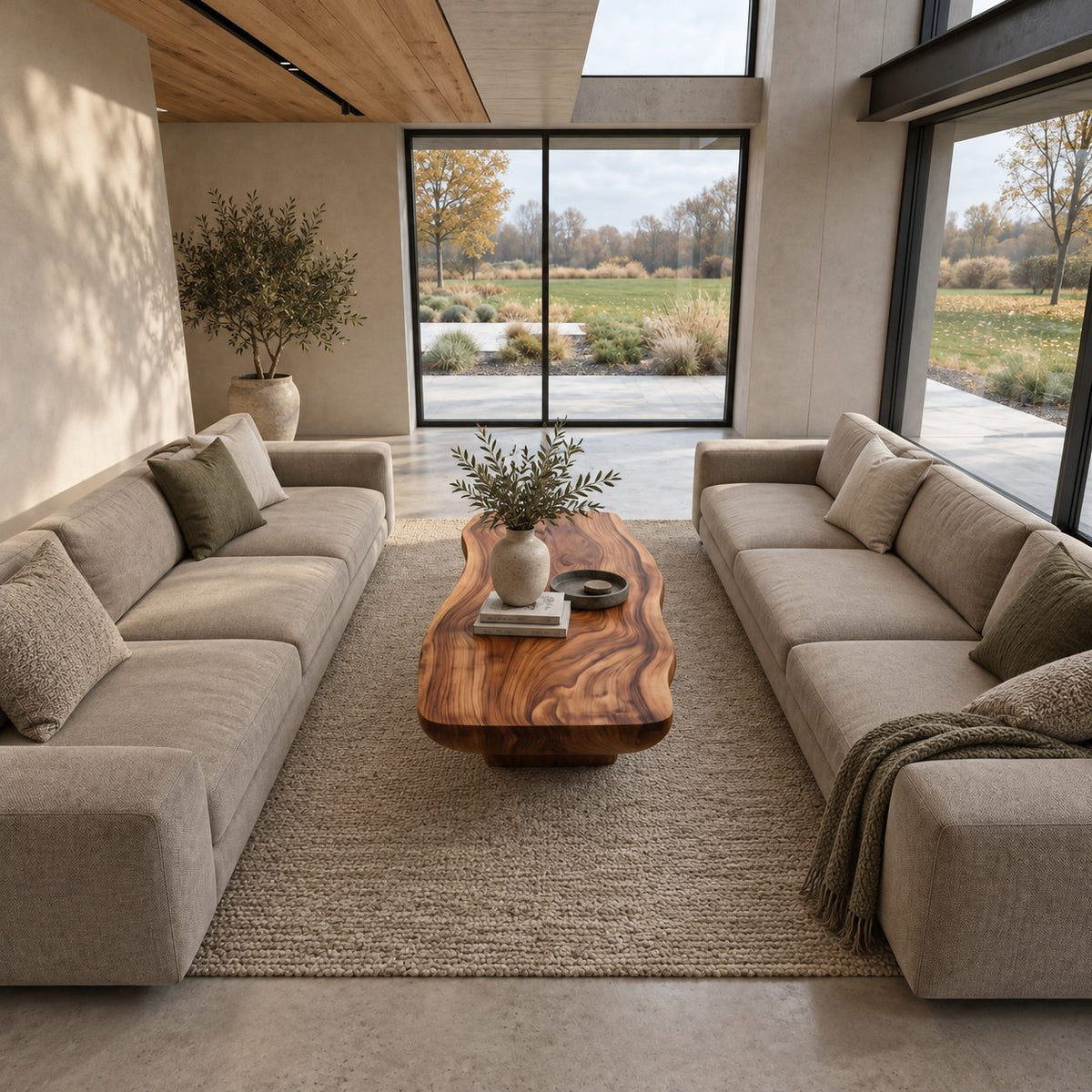 Contemporary Live Edge Coffee Table With Open Arch Base For Living Room